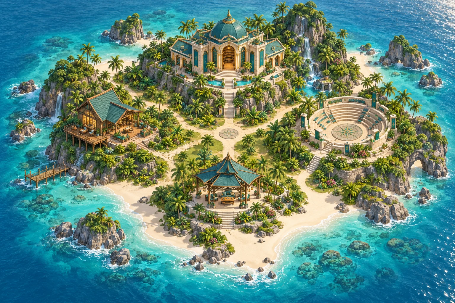 Pulau tropis dengan perpustakaan berkubah, studio penulis, arena kuis, dan taman gagasan yang terhubung jalan setapak.